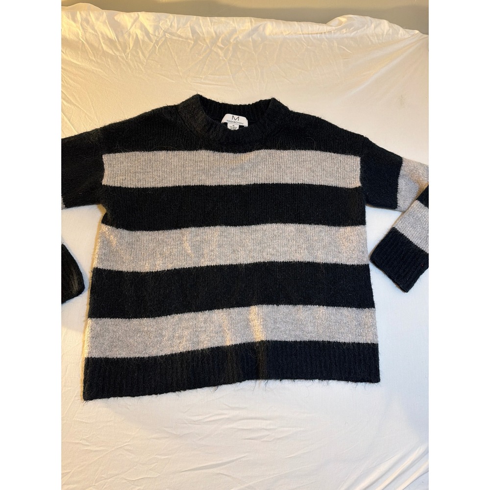 Magaschoni Womens Striped Knit Sweater Black Grey Alpaca Wool Blend Size M